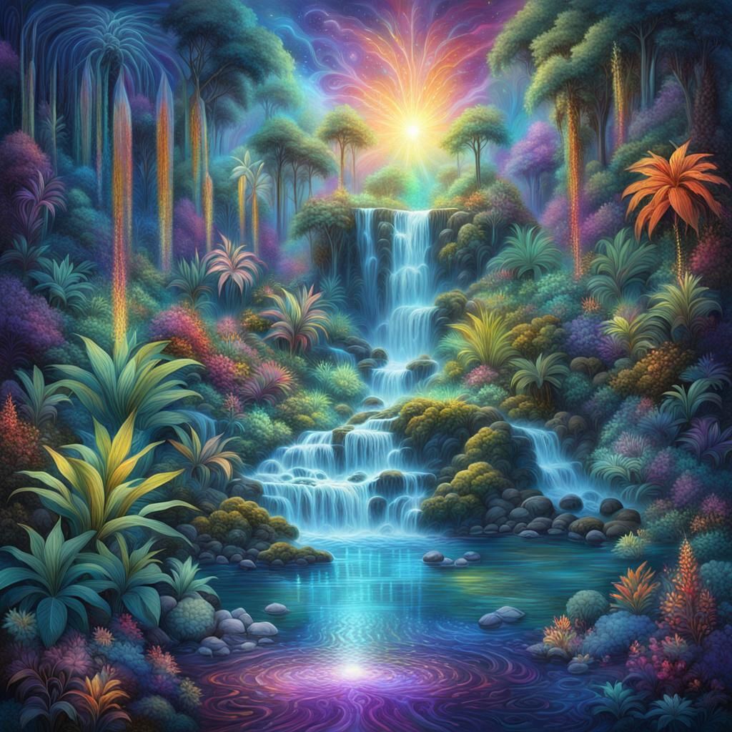 Lush Cascade Waterfall with Astral Shamanic Elements