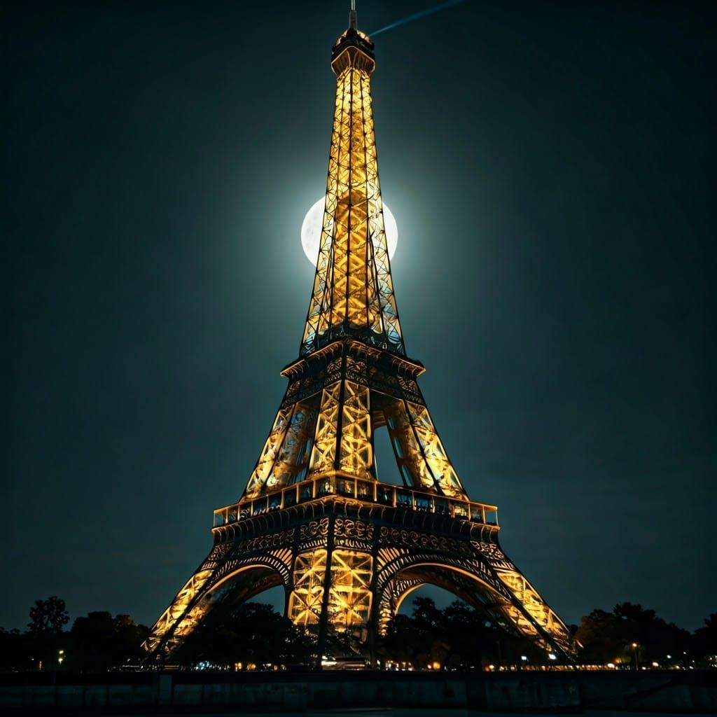 Eiffel Tower Aligned with Moon in Golden Twilight