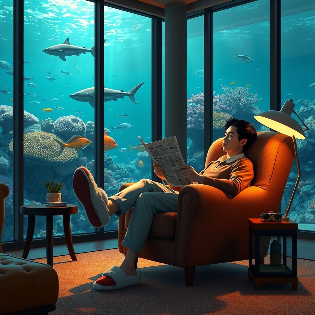 Surreal Underwater Living Room Scene in Anime Style