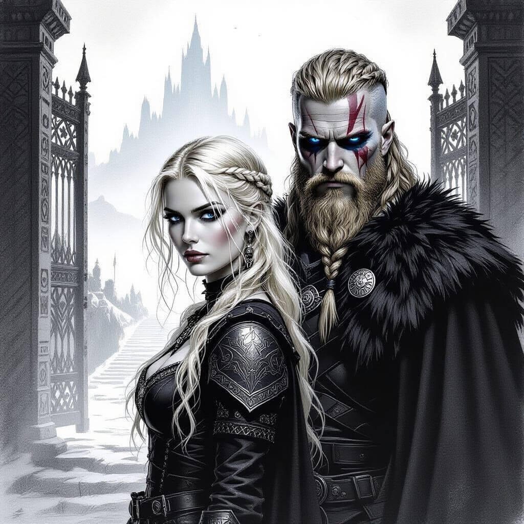 Goth Shield Maiden and Viking Guarding Valhalla Gates