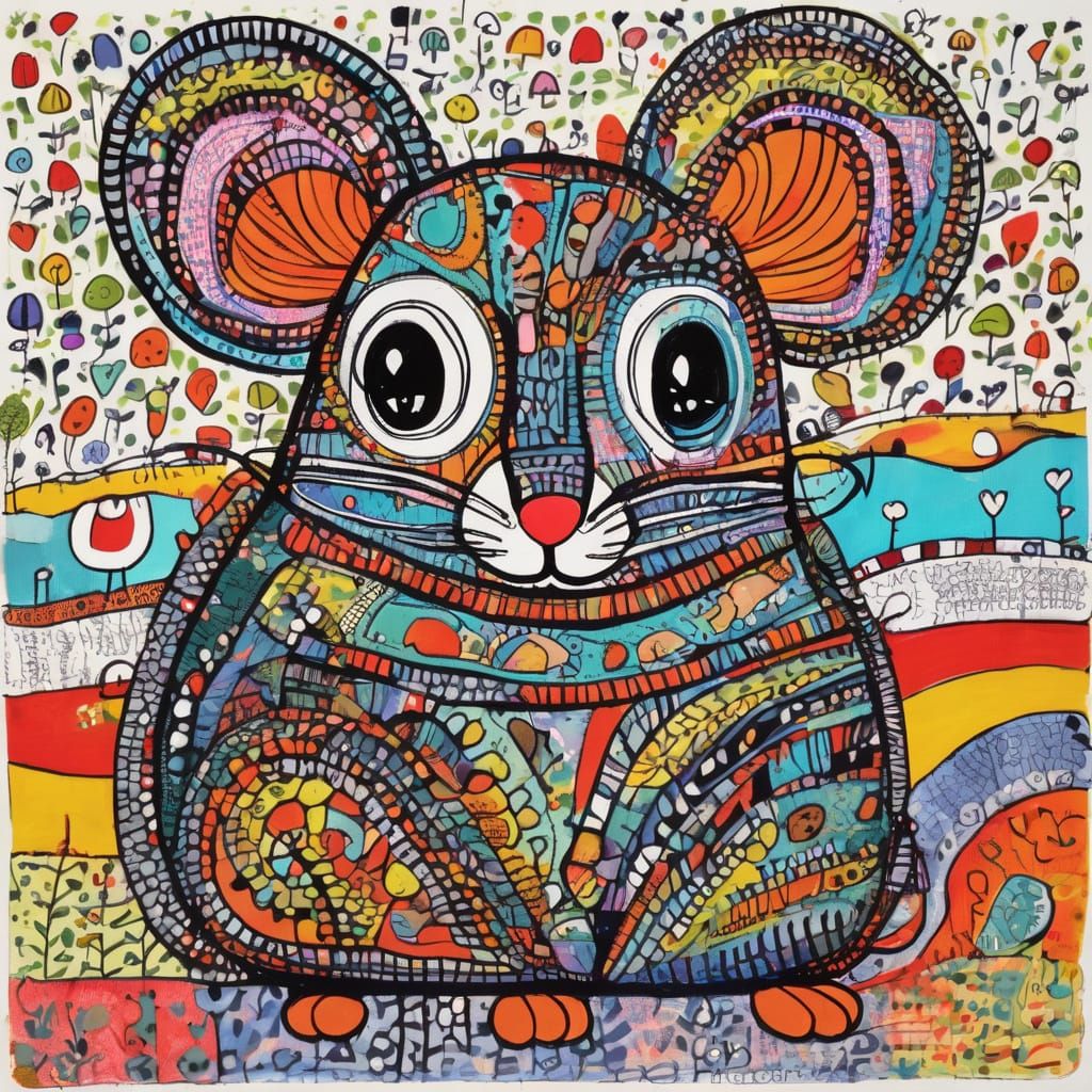 Cute Shy Mouse in Art Brut Style