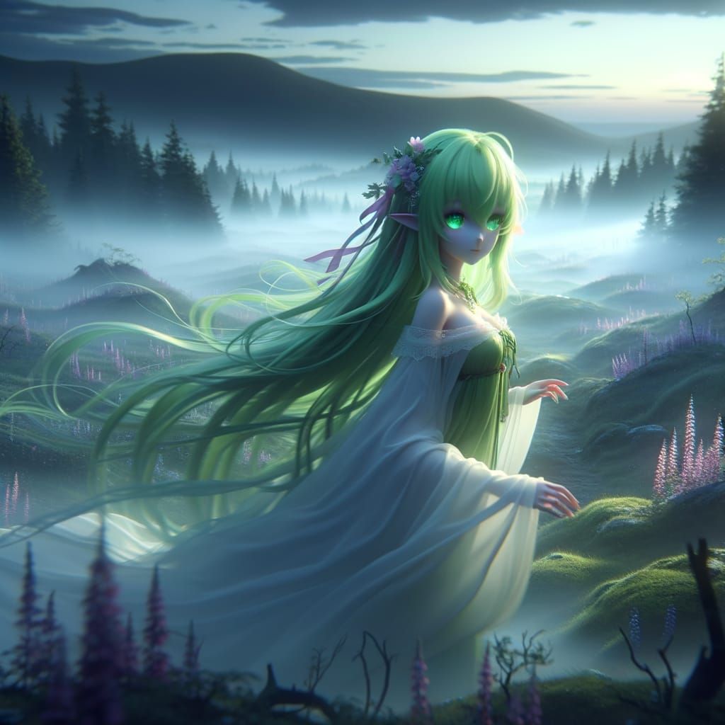 Ethereal Dryad in Misty Twilight Landscape
