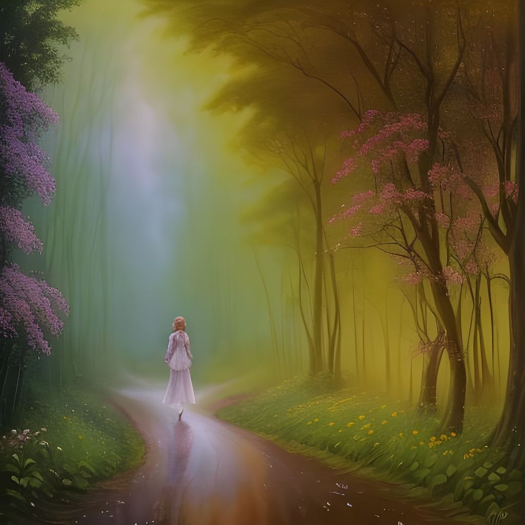 Botanical Watercolor Painting of Woman Walking in Forest