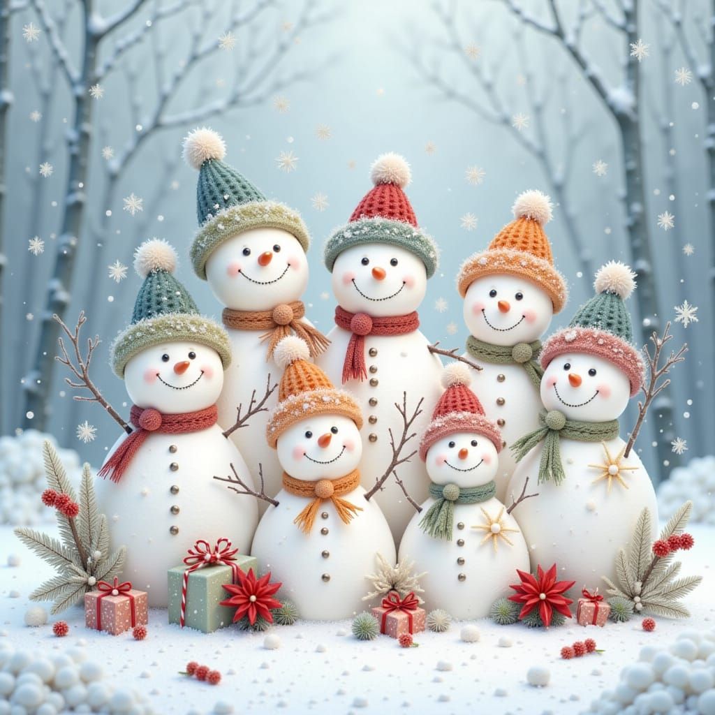 A delightful family of snowmen, each adorned with colorful h...