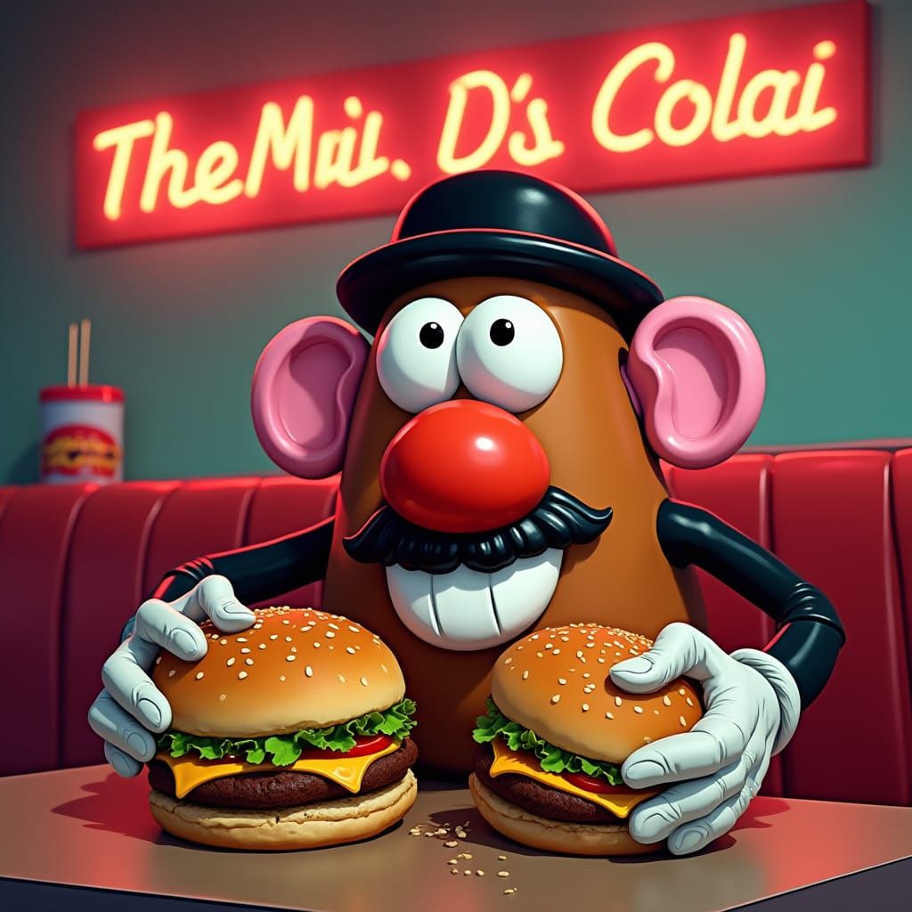 Mr. Potato Head Enjoys Big Macs in a Diner