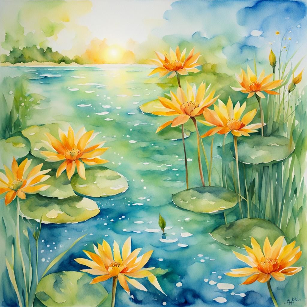 Radiant Waters: A Cheerful Watercolor Landscape
