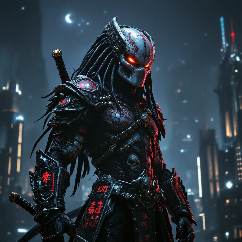 Ornate Predator Warrior in Futuristic Cityscape