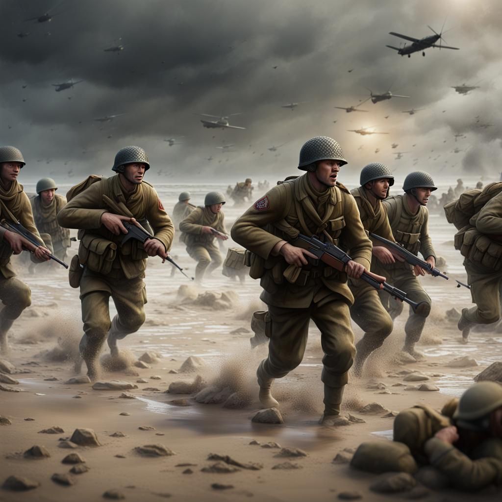 Realistic Painting of Troops Landing on Beach