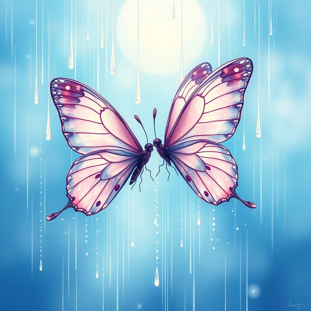 Iridescent Butterflies Dance Amidst Rainfall on Tranquil Cya...