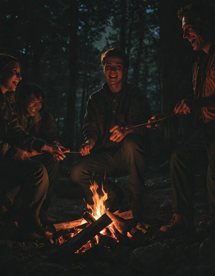 Soldiers Bonding Over Campfire: Cinematic Film Still