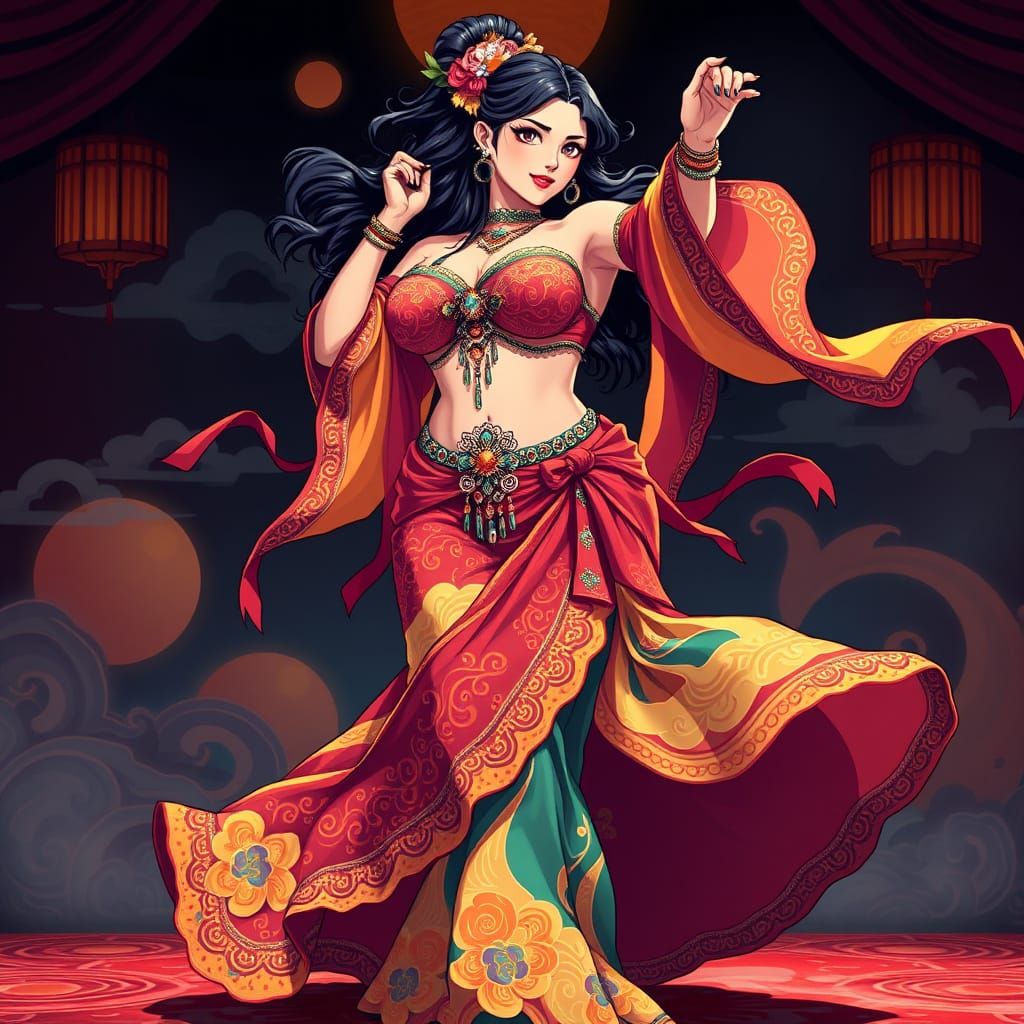 Vibrant Belly Dance Performance in Anime Style
