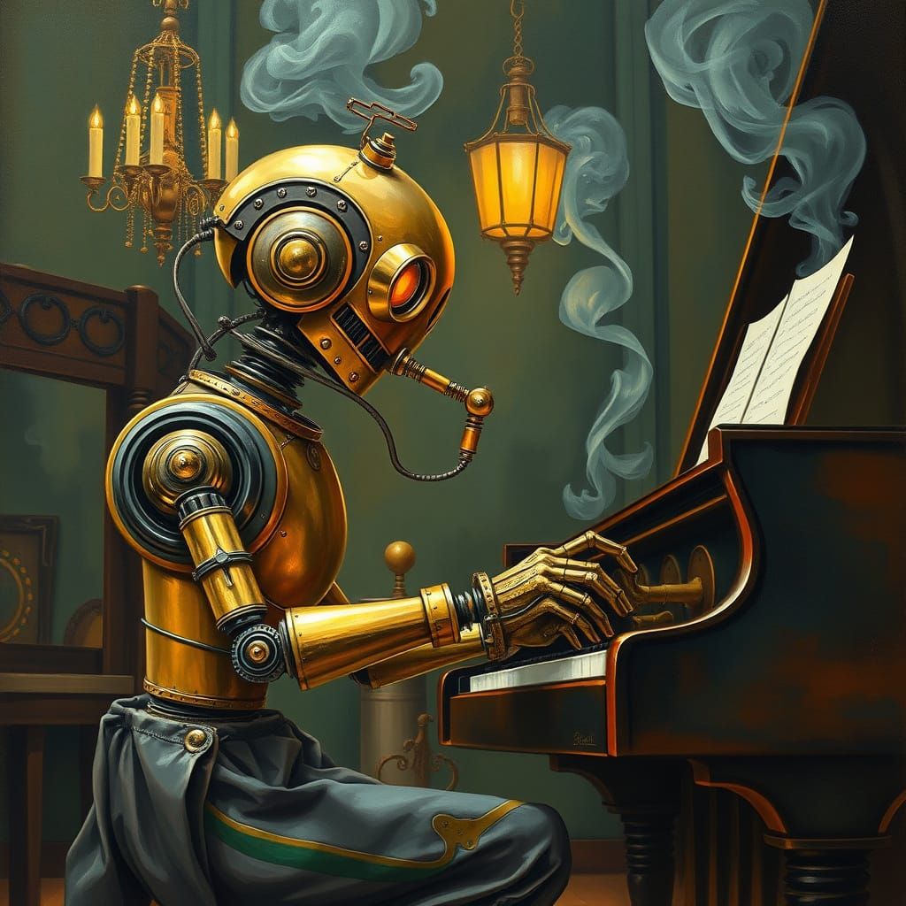 Steampunk Robot Jazz Pianist in Art Nouveau Style