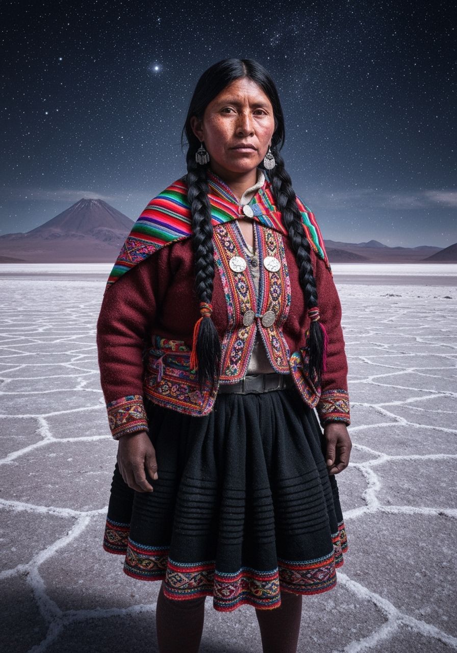 Andean Woman in Atacama Desert Landscape