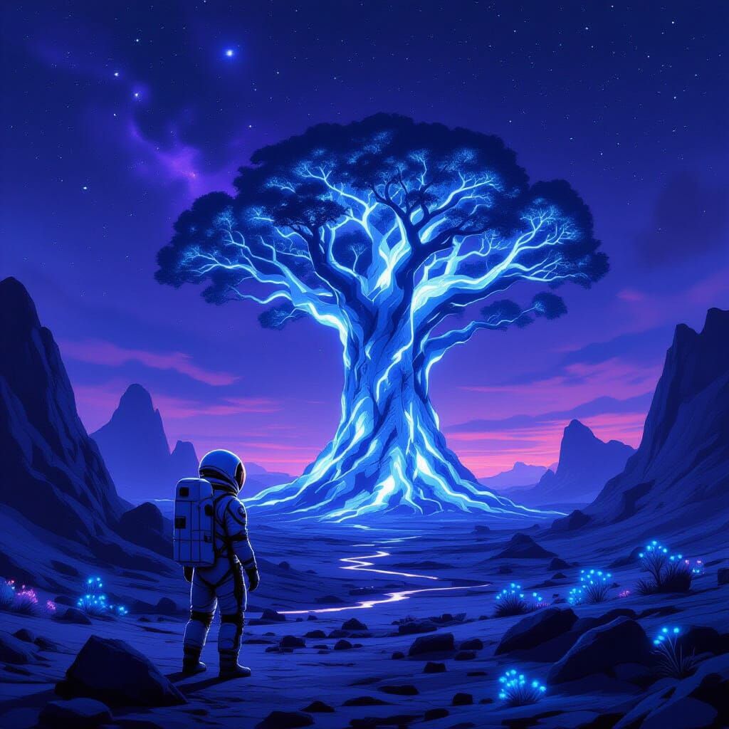 Astronaut and Bioluminescent Tree on Alien Planet