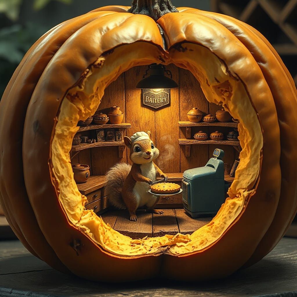 Whimsical Pumpkin Bakery with Squirrel Baker