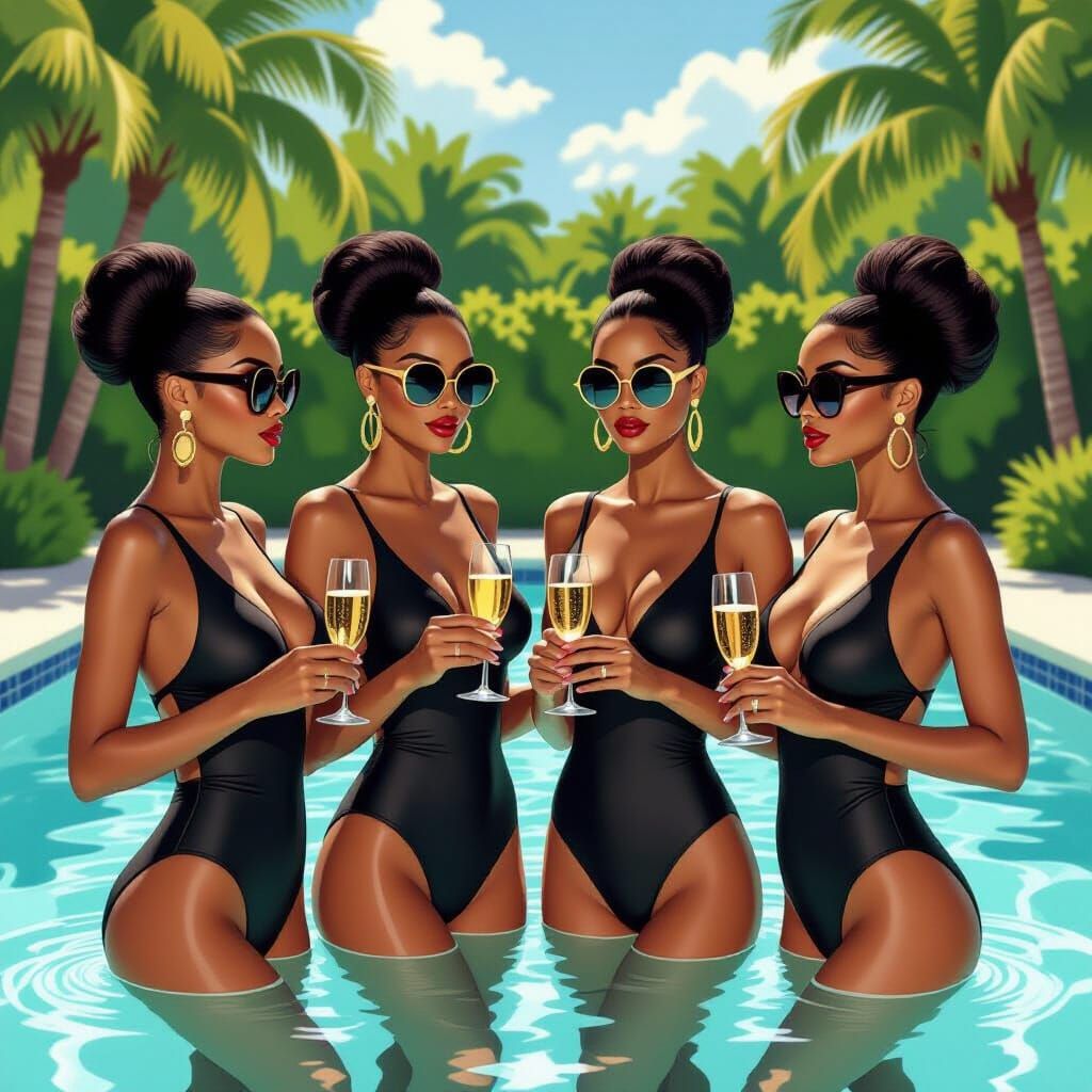 Elegant Women with Champagne by Poolside, Hockney & Croft St...