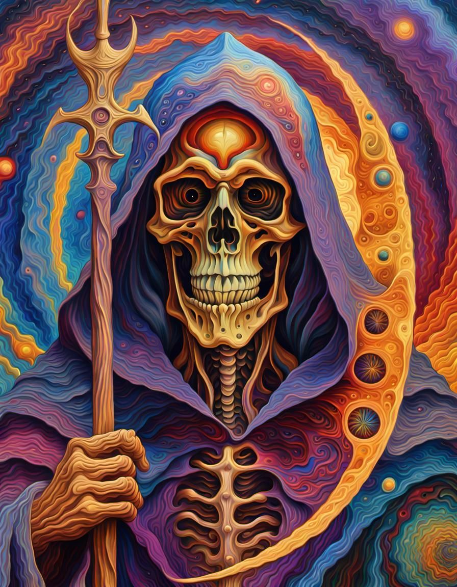 Psychedelic Grim Reaper Wizard in Fractal Galaxy