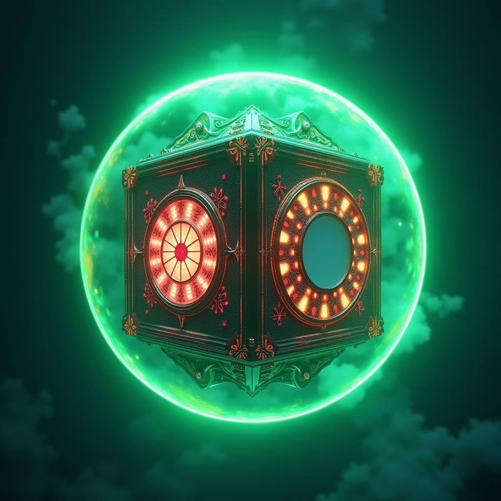 Luminescent Square House in Iridescent Green Sphere