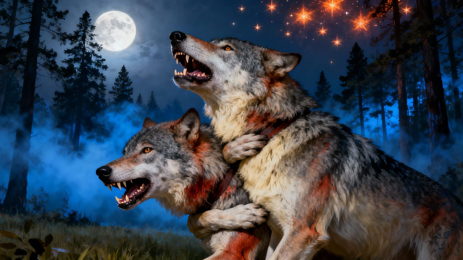 Protective She-Wolf Guards Mate in Moonlit Forest