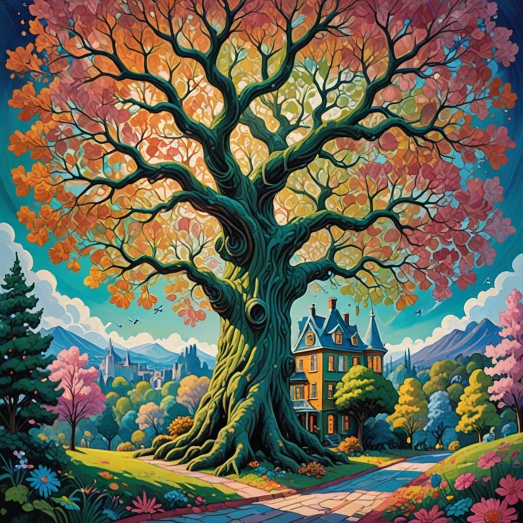 Surreal Tree in Vibrant Dreamlike Landscape