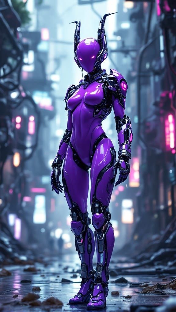 Surreal Cyberpunk Mecha Girl with Polished Chrome Armor and...