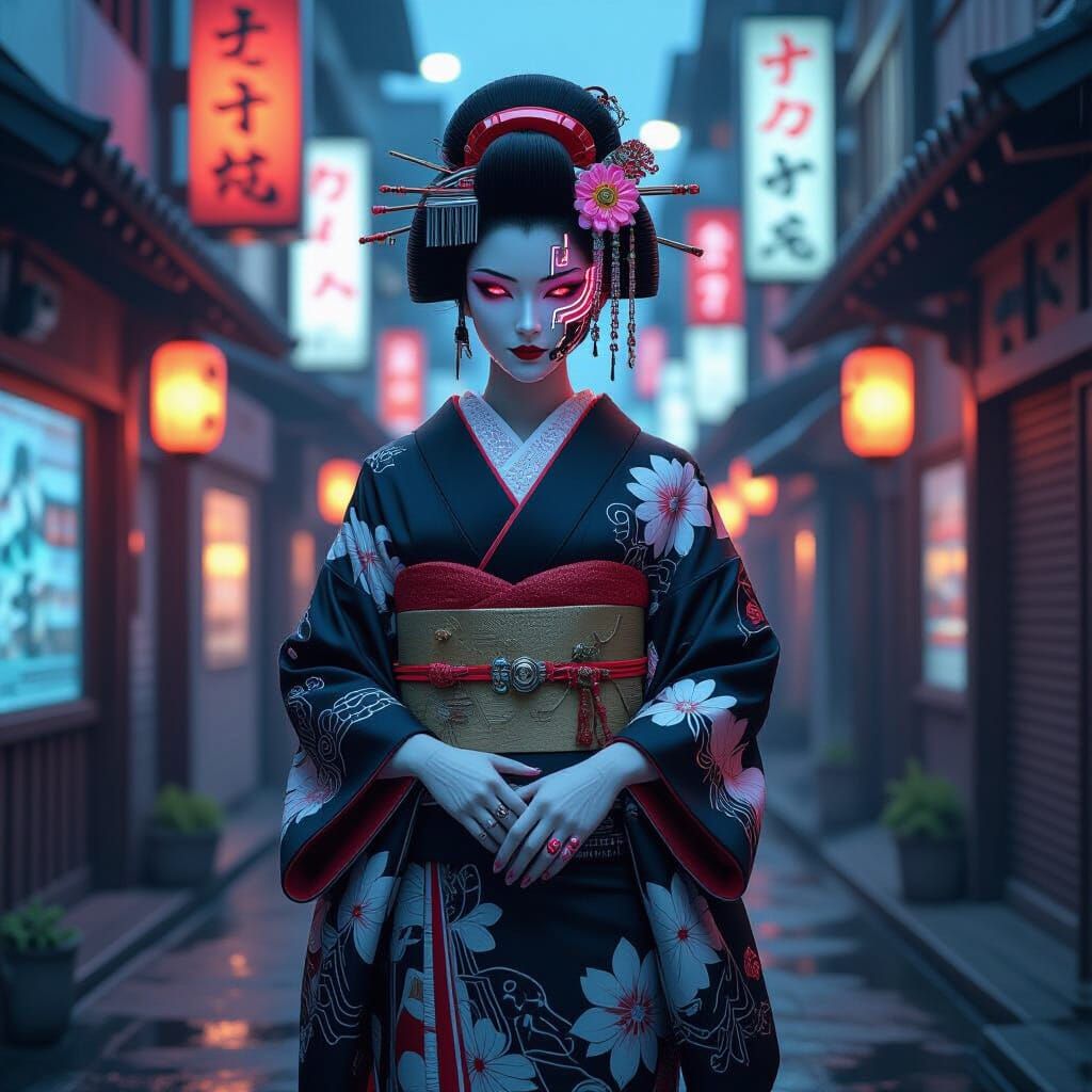 Cyberpunk Geisha in Futuristic Tokyo Alleyway