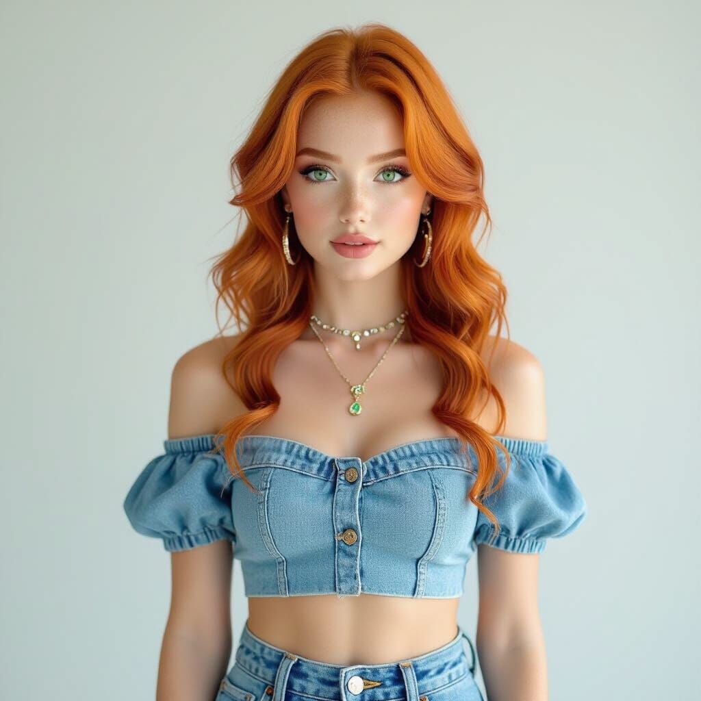 Ginger Girl with Green Eyes in Denim Skirt and Air Jordans