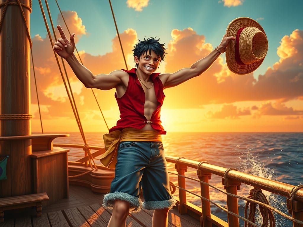 Pirate King Luffy Stands Tall Amidst Sunset Horizon