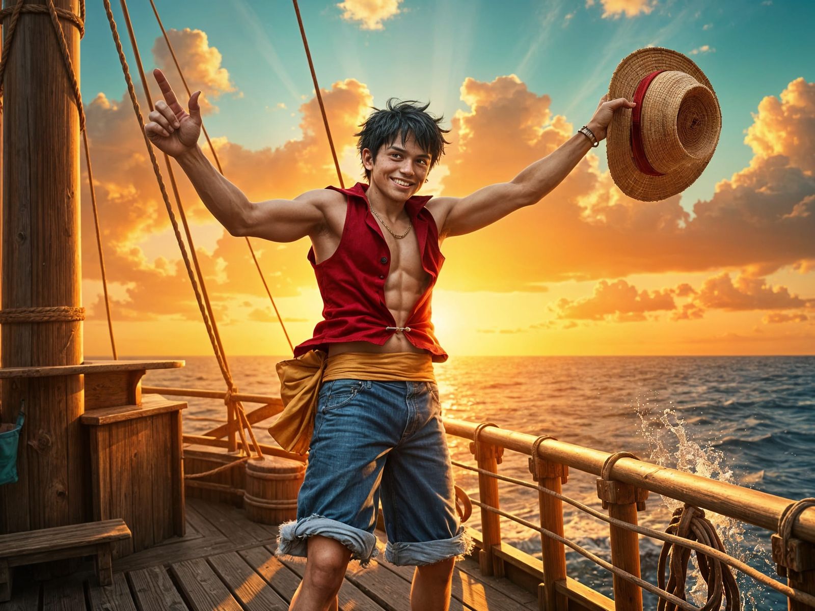 Pirate King Luffy Stands Tall Amidst Sunset Horizon