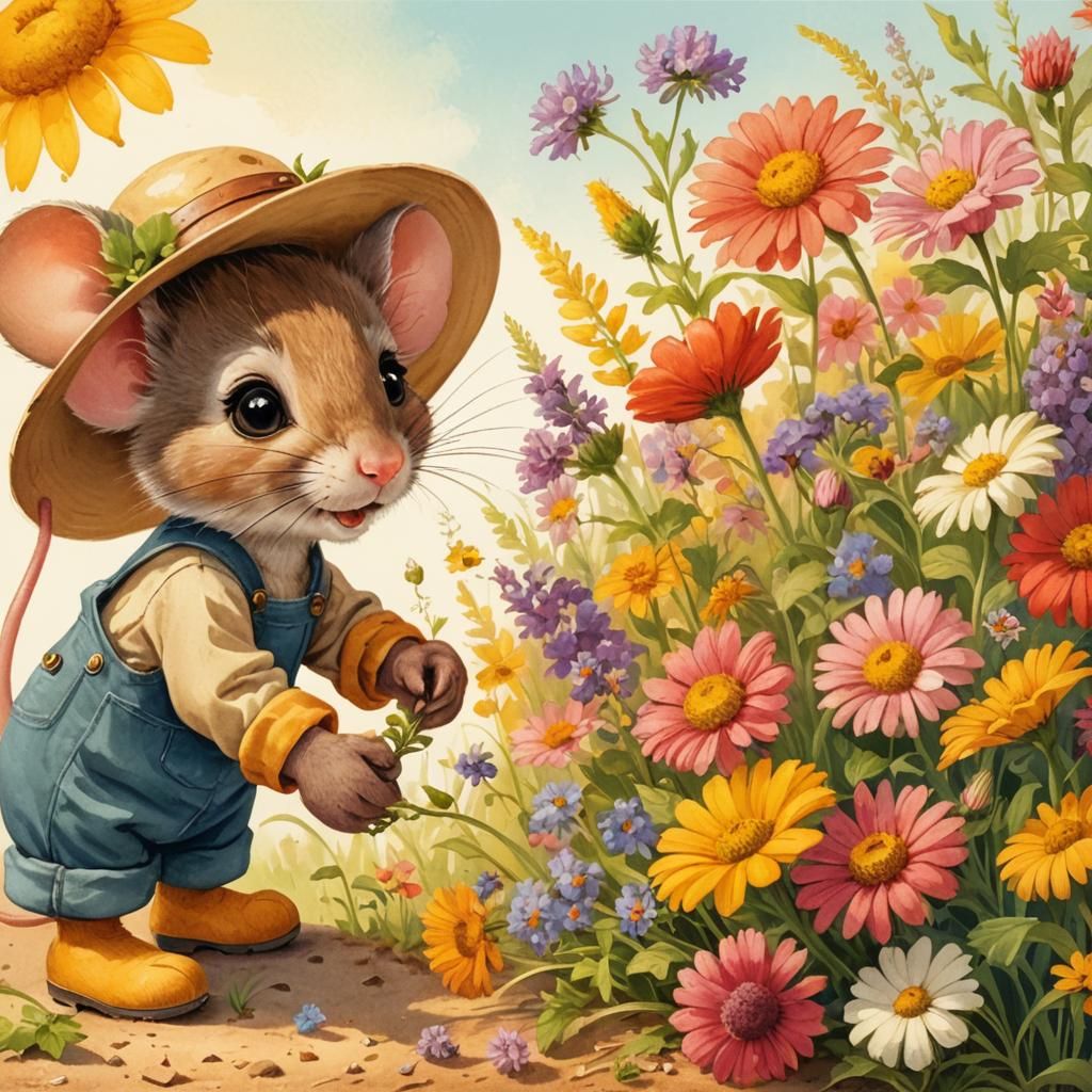 Whimsical Mouse Gathers Wildflowers in a Summer Garden Scene
