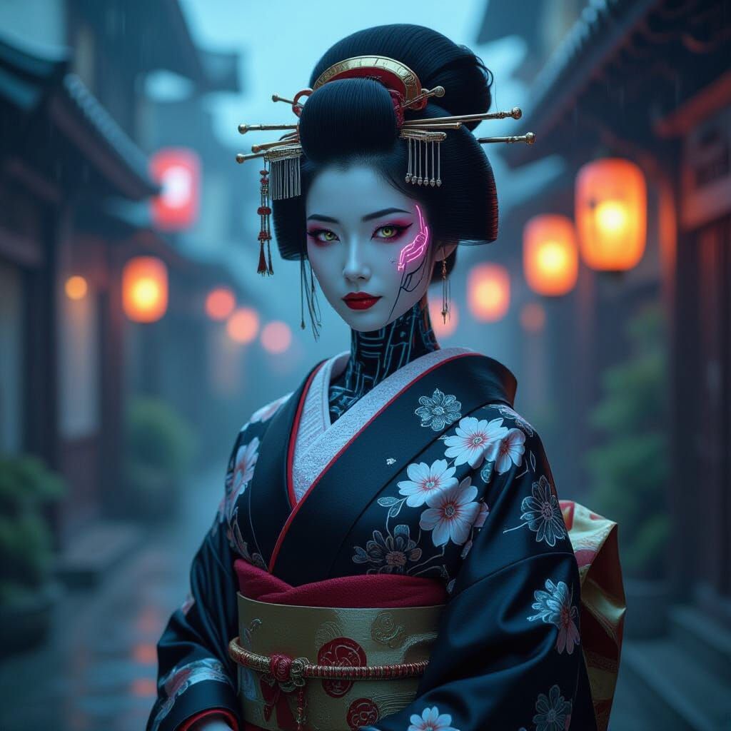 Biopunk Android Geisha with Glowing Circuitry