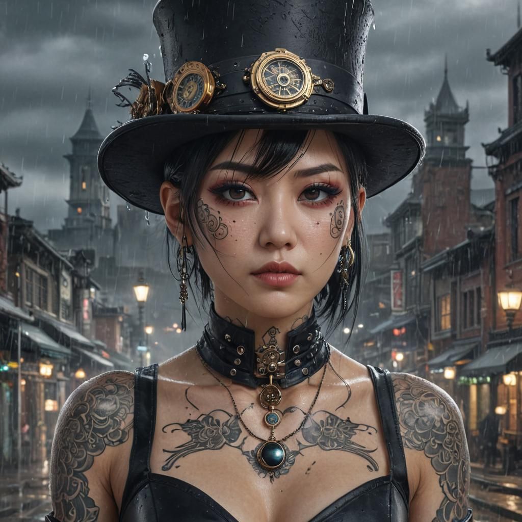 Gothic Japanese Woman in Rainy Steampunk Cityscape