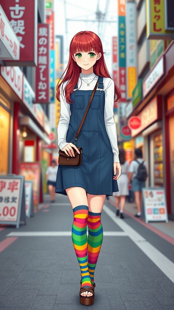 Hyper Realistic Japanese Girl in Rainbow Striped Socks and D...