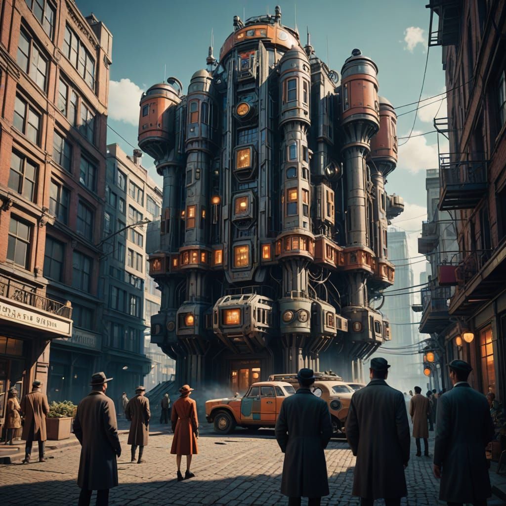 Surreal Urban Dreamscape in Retro-Futuristic Style