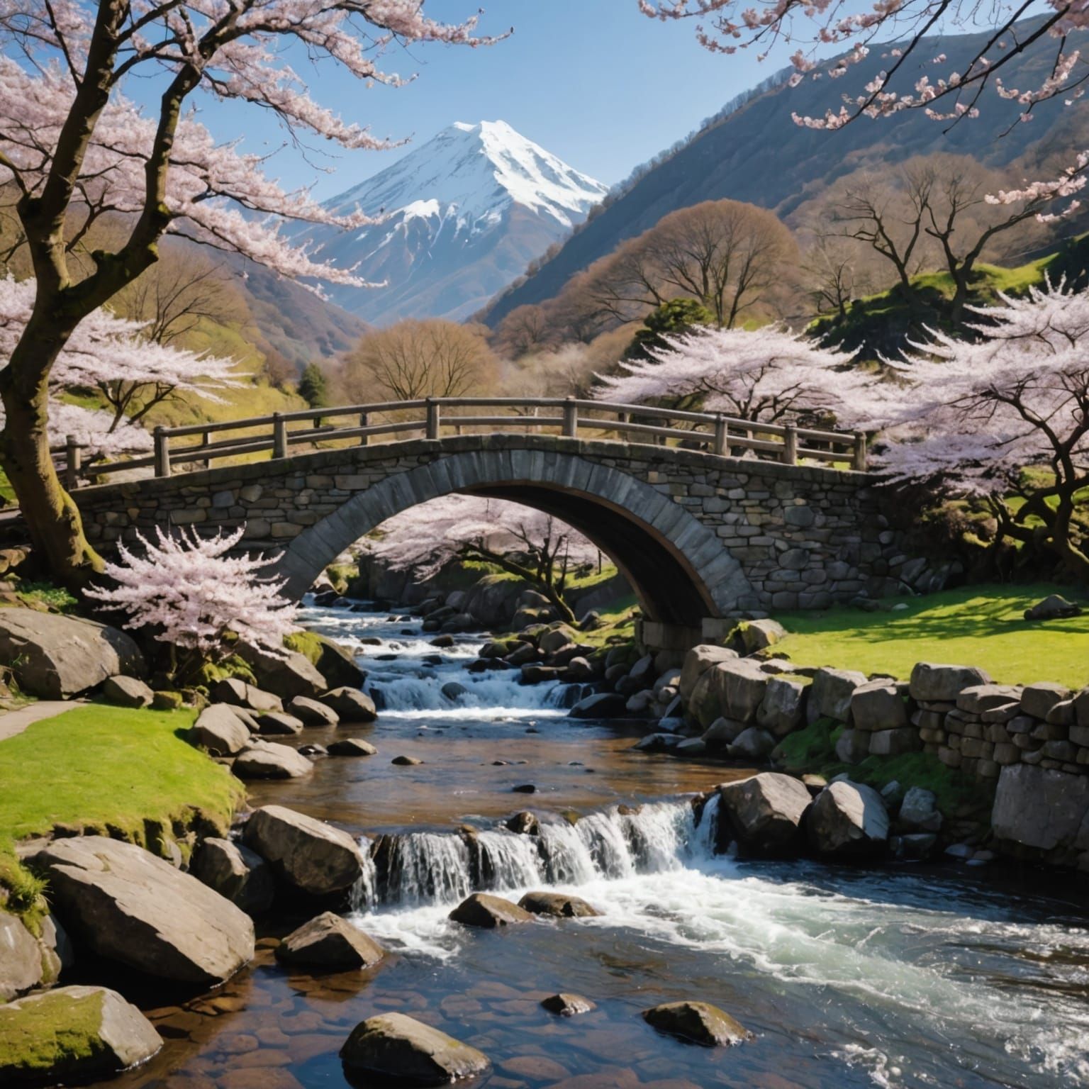 Snow Capped Mountain with Cherry Blossoms