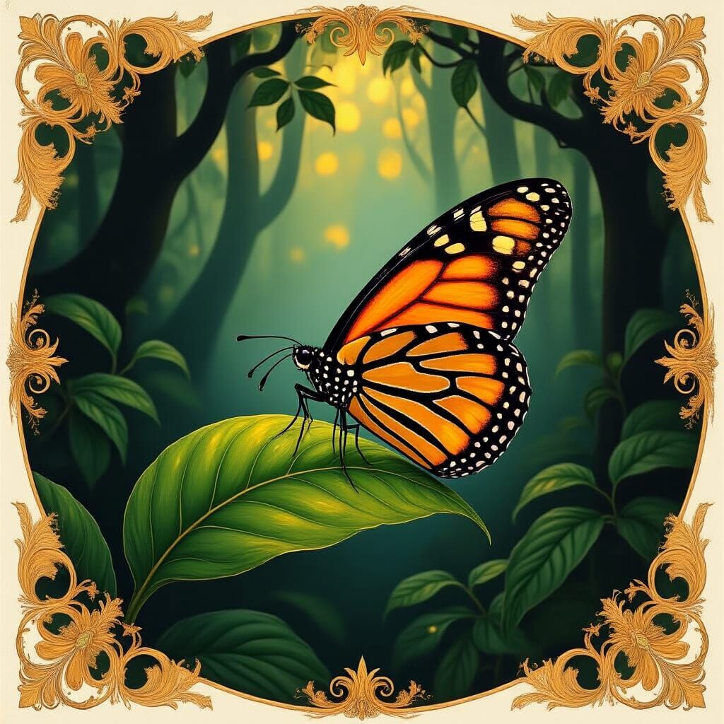 Monarch Butterfly on Leaf in Klimt Style