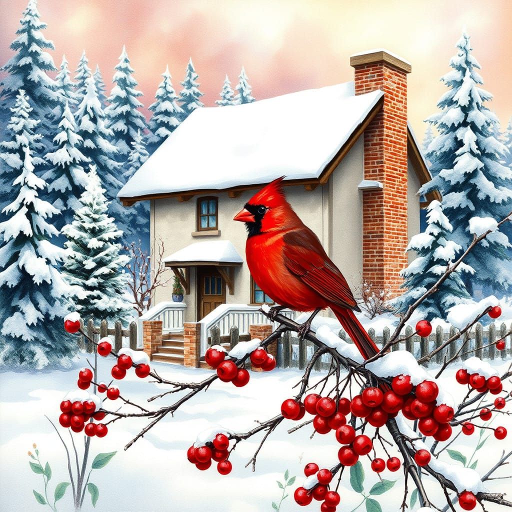 Winter Wonderland Cottage Scene in Vibrant Colors