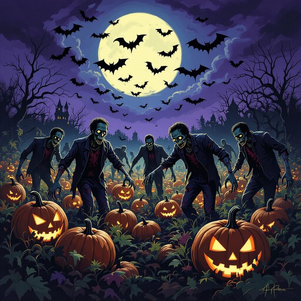 Gothic Horror Zombies & Bats in Moonlit Pumpkin Patch