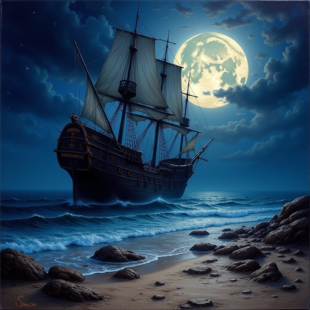 Pirate Shipwreck in Moody Moonlight and Mist