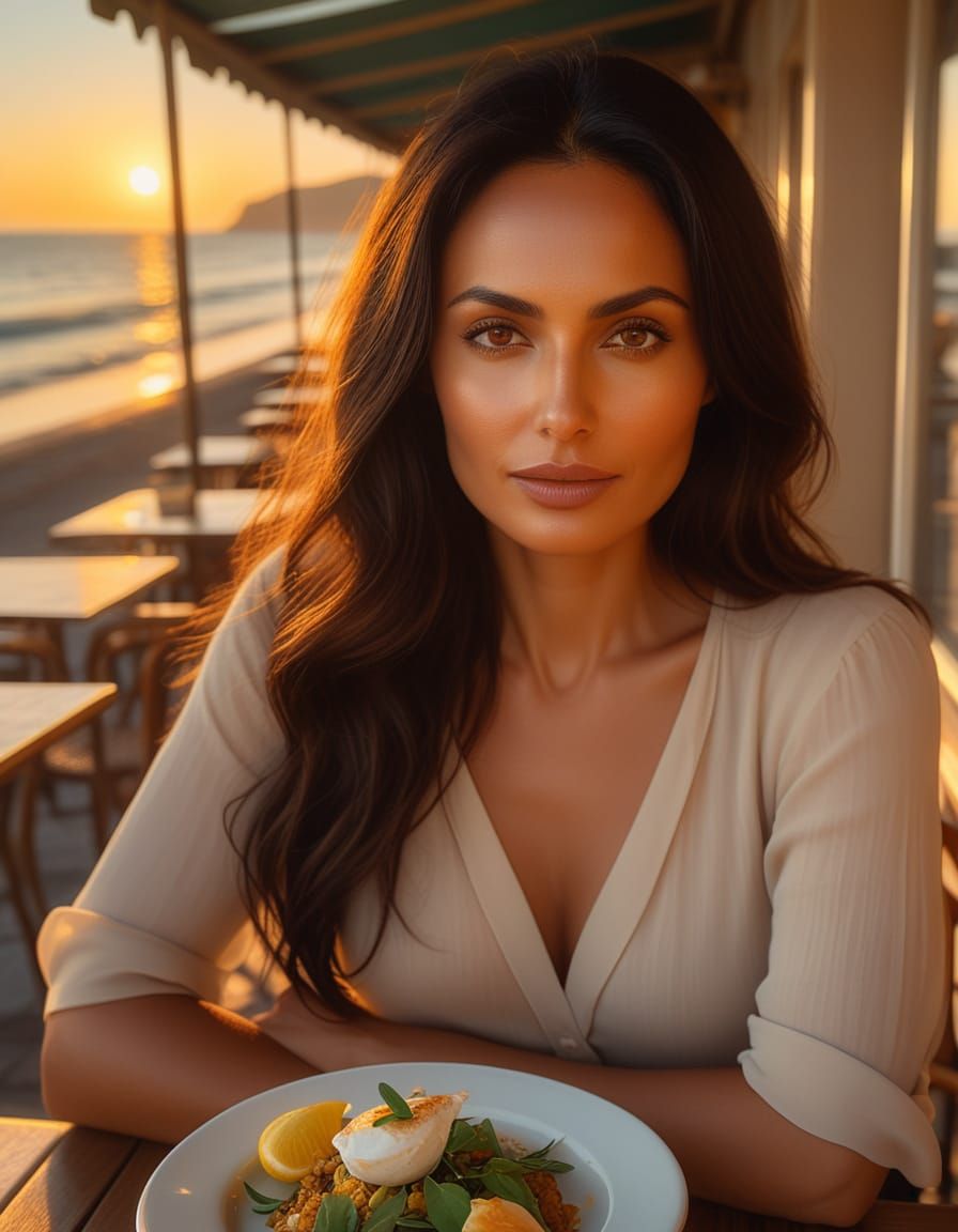 Romantic Realism Woman at Seaside Cafe