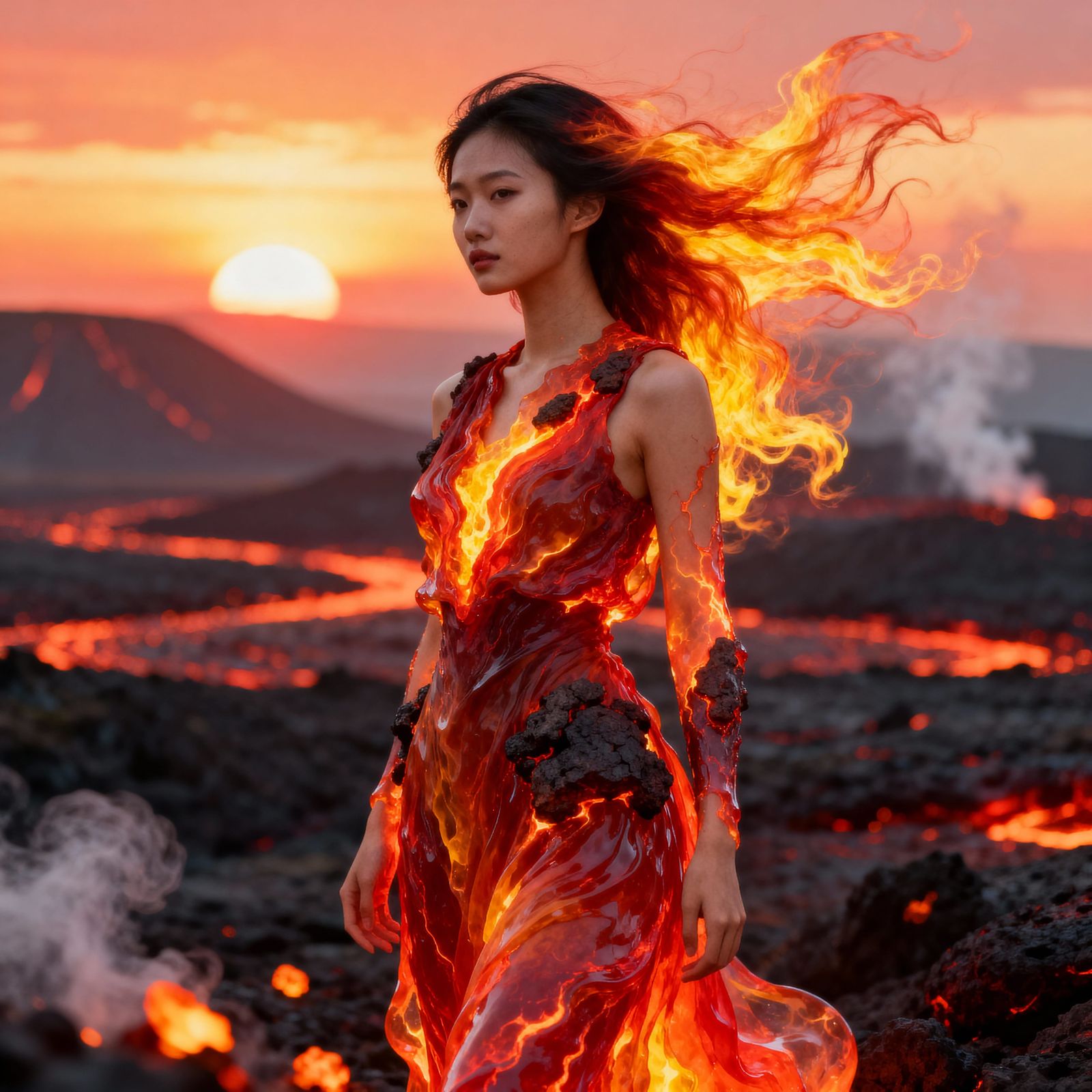 Ethereal Asian Woman of Liquid Lava in Fiery Sunset