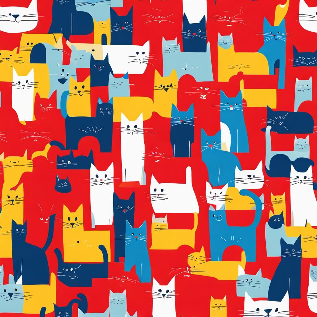 Minimalist Cat Pattern in Red, Blue, and Yellow