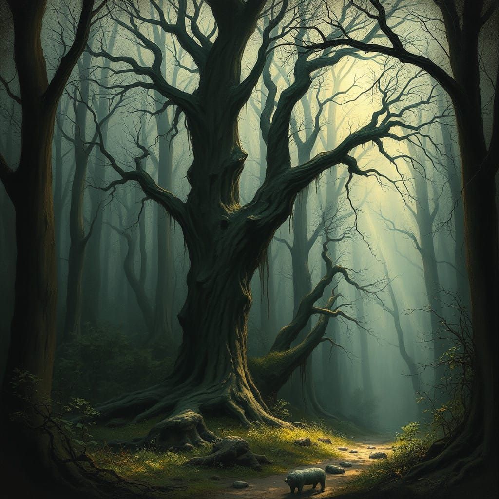 Mystical Forest Scene in Symbolic Romanticism
