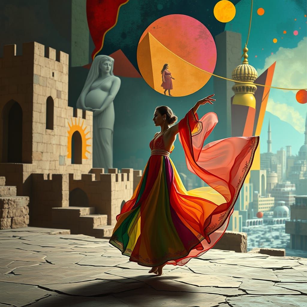 Rainbow Dancer on Stone Stage with Surreal Cityscape