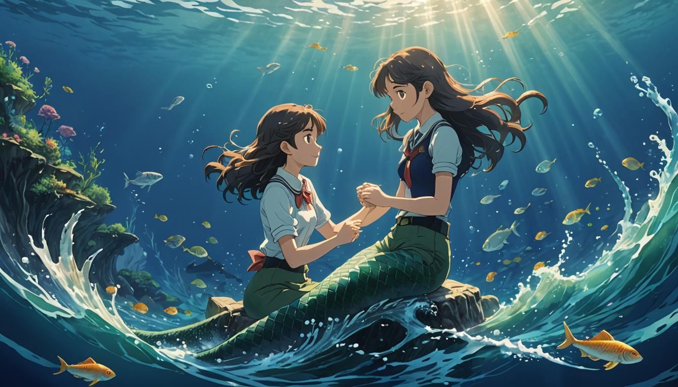 Mermaid's Underwater Abduction: Ghibli-esque Anime Art