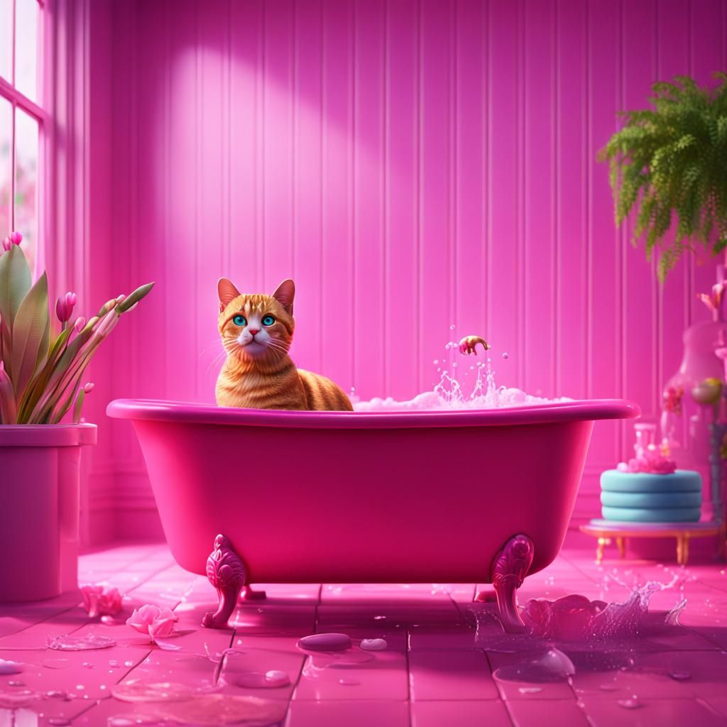Barbie Cat Bathing in Pink Bathtub
