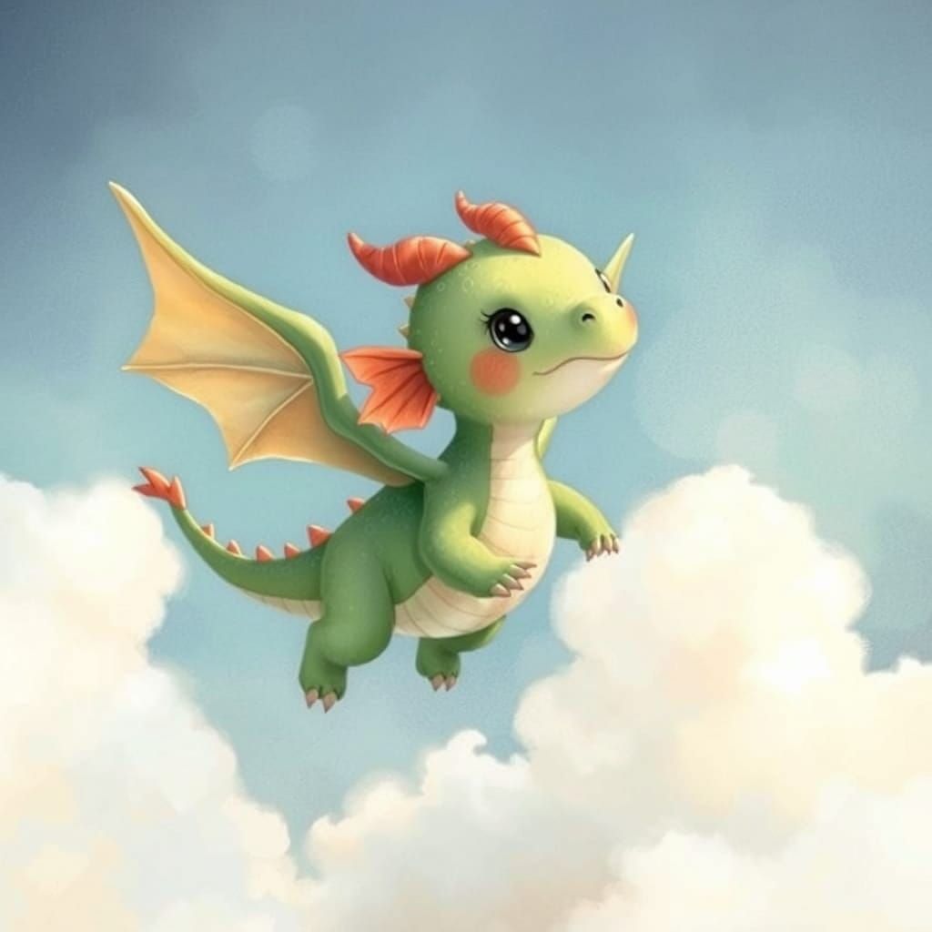 Adorable Baby Dragon Flies Through Clouds in Anime Style