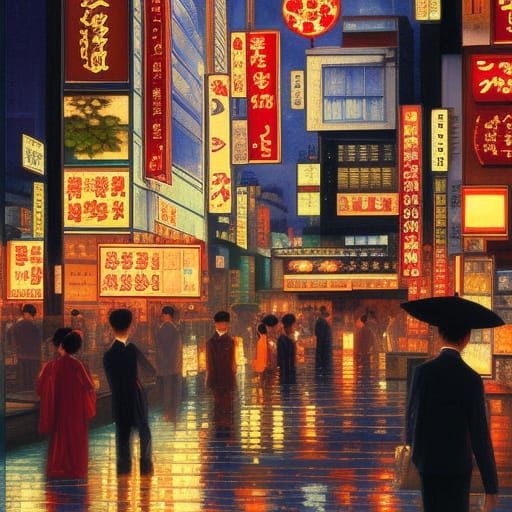 Romantic Tokyo Evening in Oil Painting Style