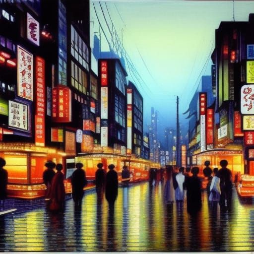 Romantic Tokyo Evening in 1920 as Oil Painting