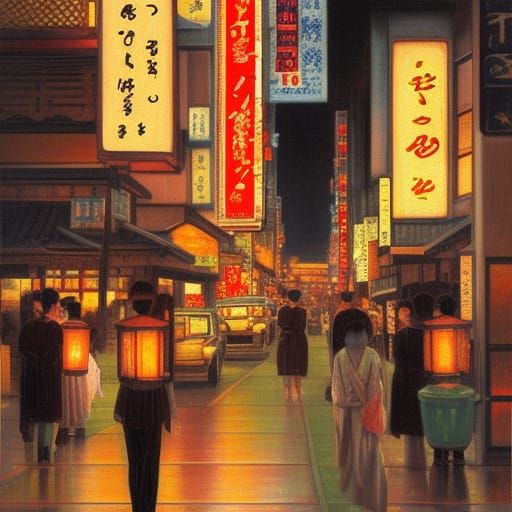 Romantic Tokyo Evening in 1920s Oil Painting